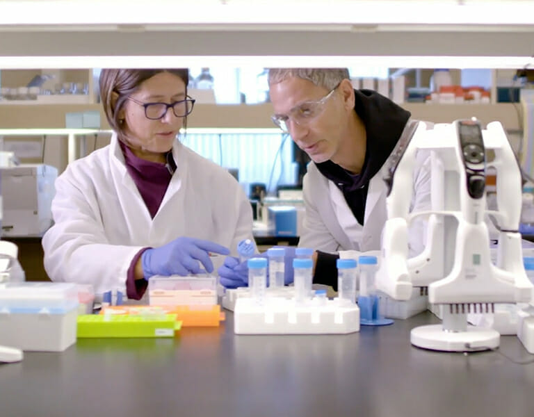 Man and woman scientist working at a research laboratory bench