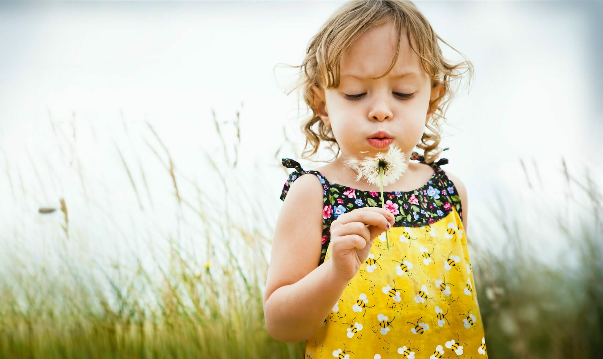 Image of a toddler blowing on a dandelion in a field